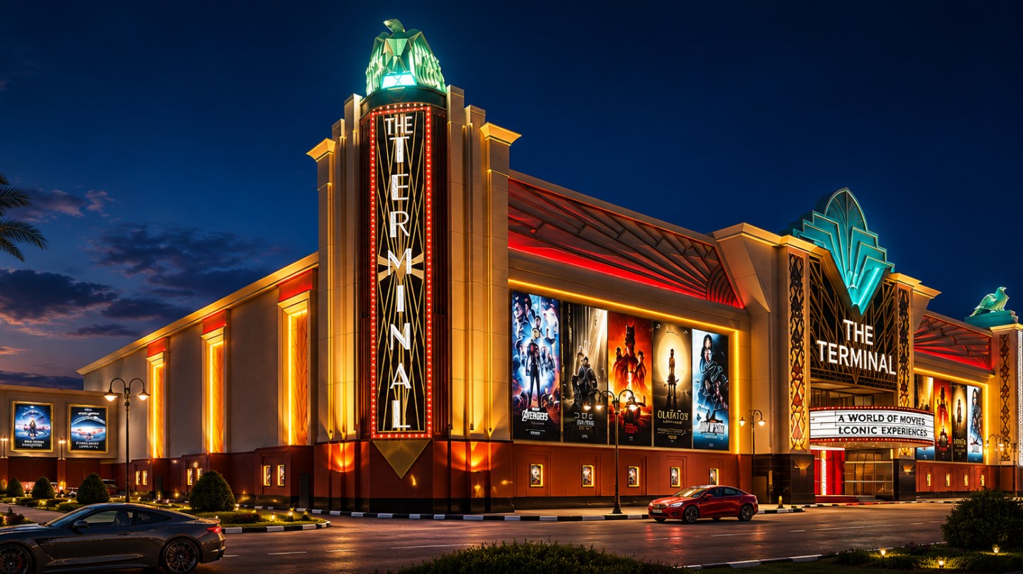 The Terminal, an Art Deco cinema facade lit at dusk