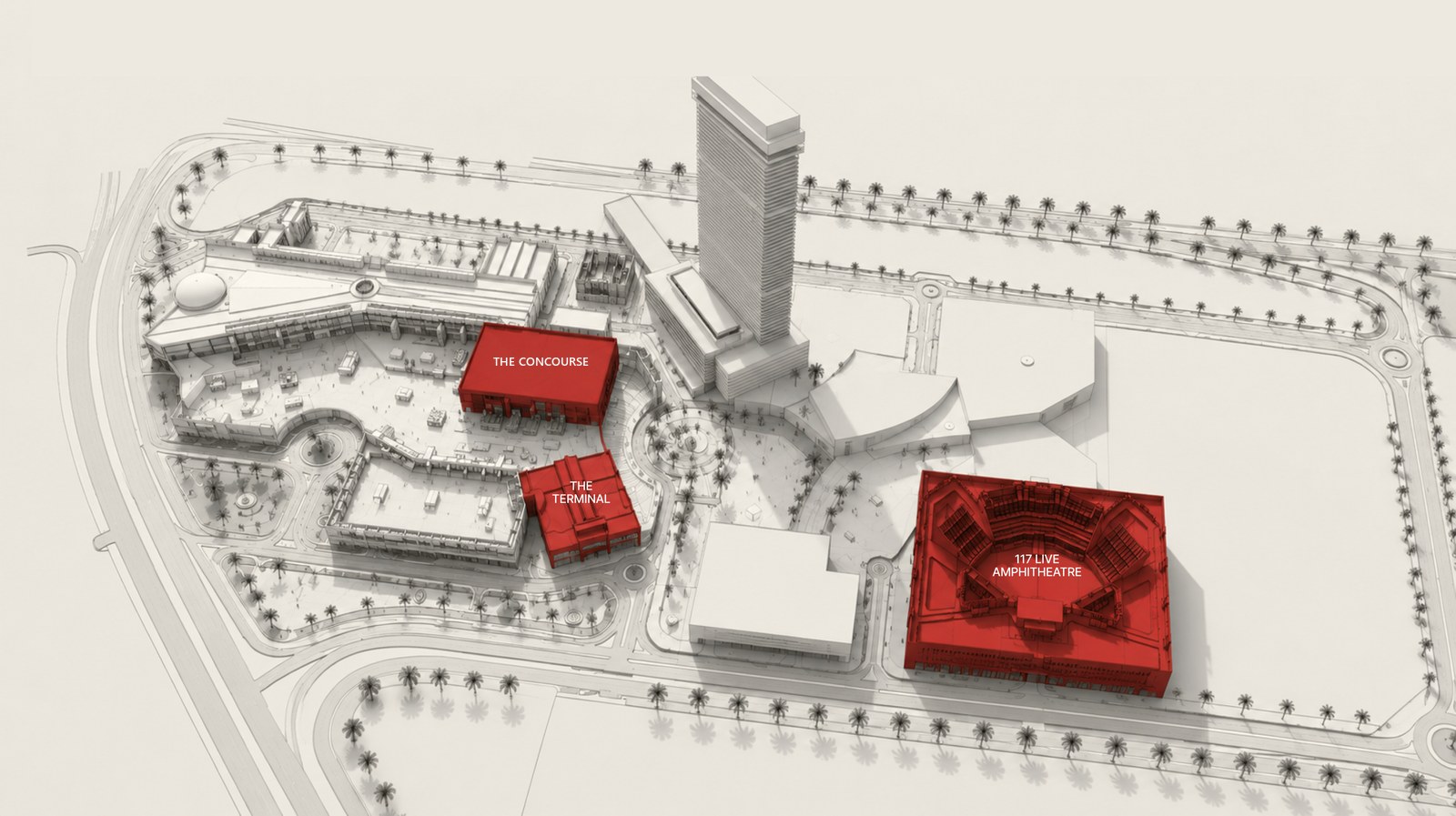 3D masterplan of the destination — The Concourse, The Terminal and the 117 Live Amphitheatre highlighted in red